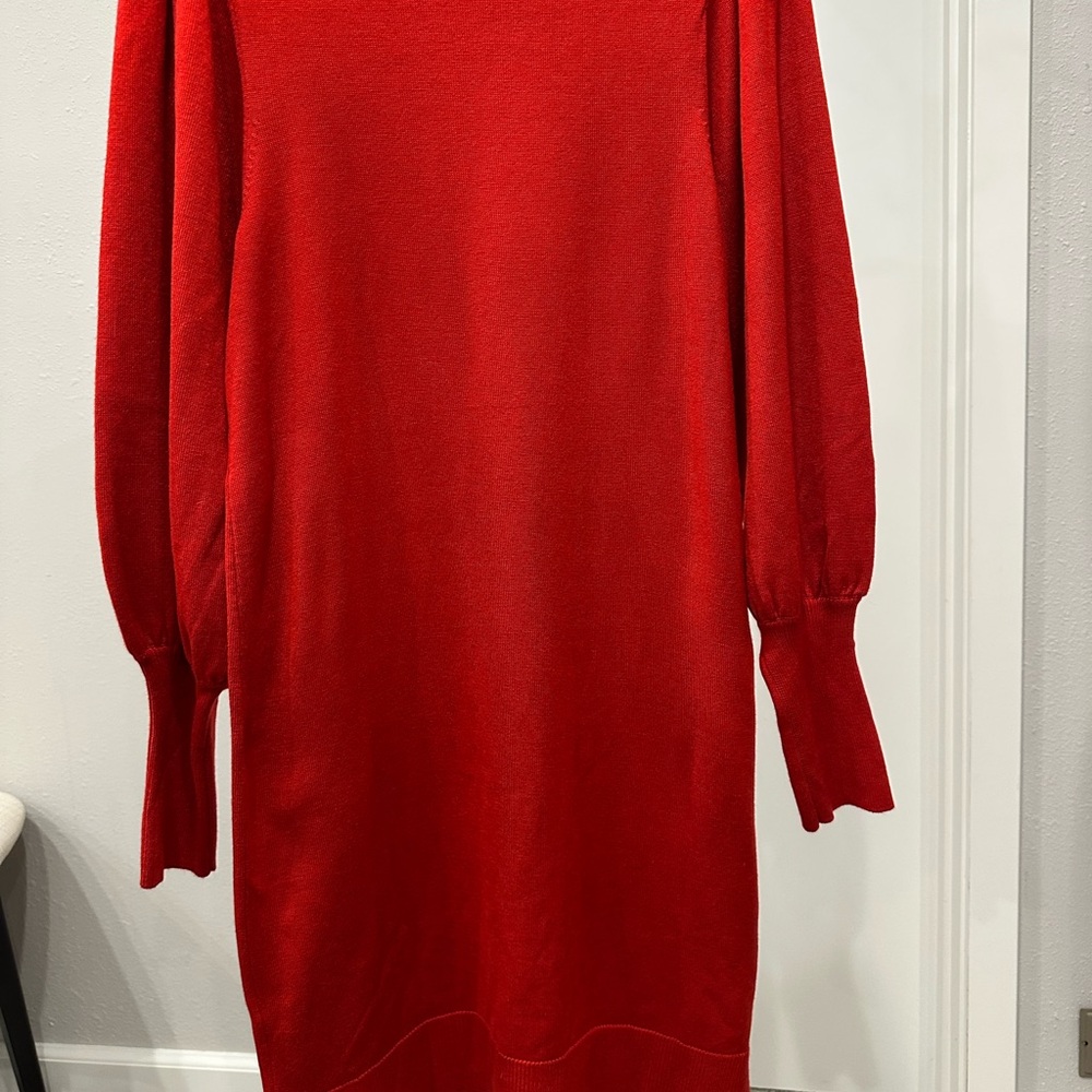 Vince Camuto Red Knit Dress Puff Sleeve Midi Spring Event Dress Size M NWT - Picture 7 of 11